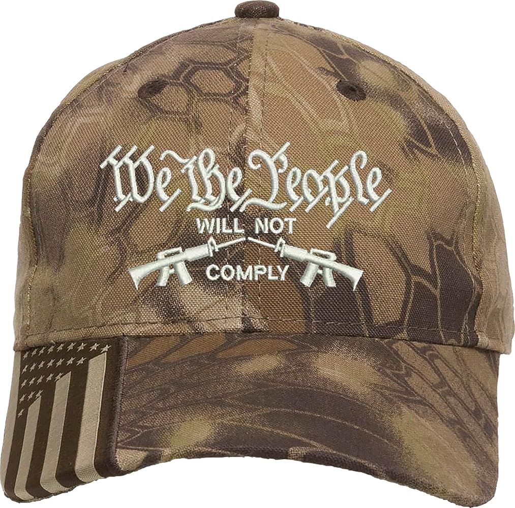 We The People Will no Comply Embroidered Structured Adjustable One Size Fits All US Flag on Bill Hat Brown Camo