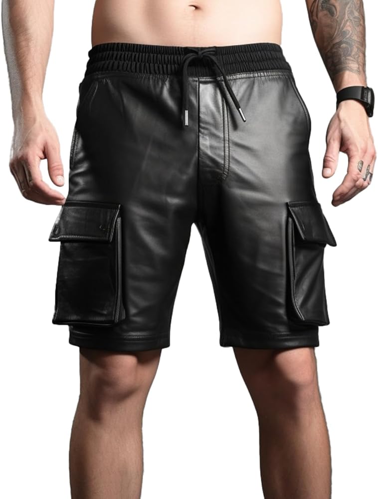 Genuine Lambskin Men's Leather Cargo Shorts - Black Leather Pants Men - Trendy Leather Cargo Shorts for Men