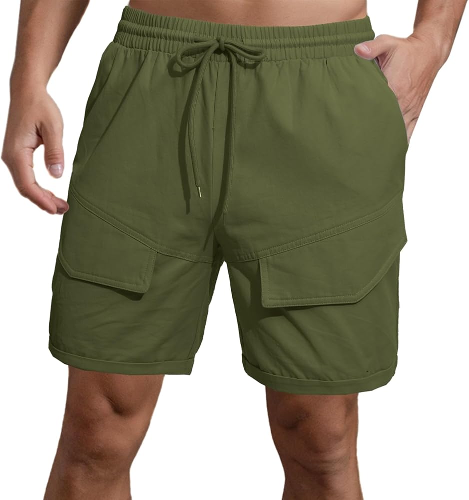 Men's 6 Inch Cargo Shorts Elastic Waist Casual Hiking Shorts Cotton Outdoor Work Shorts(ArmyGreen,Small)