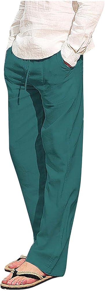 Straight Leg Trouser Pants for Men Plus Size Cotton Linen Long Pants Loose Casual Drawstring Slacks with Pocket