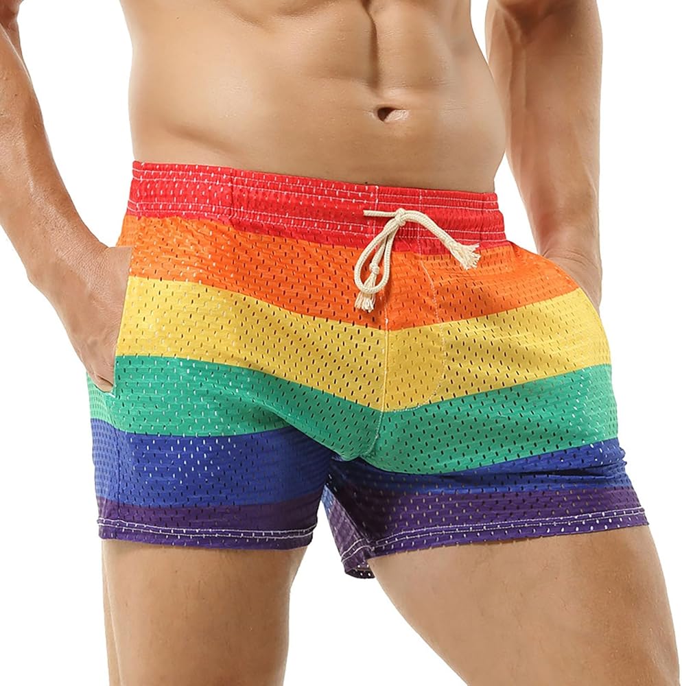 Mens Rainbow Shorts Gay Pride See Through Mesh Shorts Sexy Elastic Waist Strechy Breathable Underwear