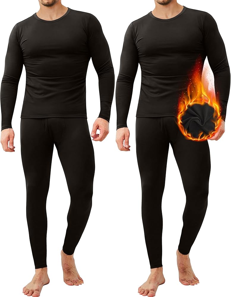 CL convallaria 2 Pack Long Johns Thermal Underwear for Men Soft Fleece Lined Base Layer Cold Weather Set XS-4XL