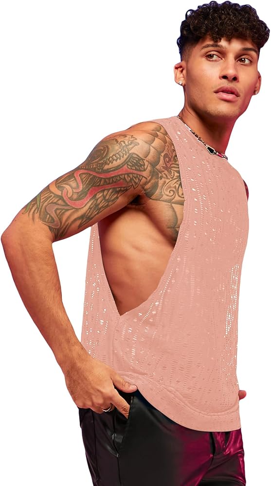 WDIRARA Men's Glitter Sequin Round Neck Sleeveless Tank Tops Cut Open Side Club Party T Shirt