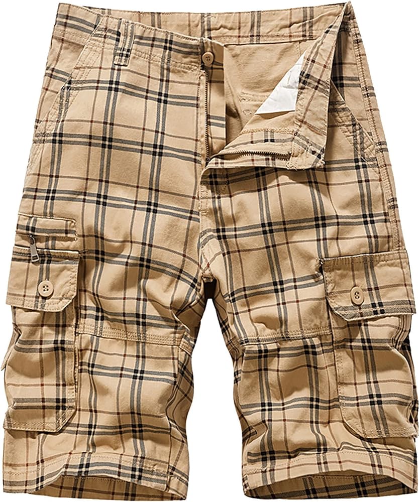 Men's Shorts Cargo Summer Multi Pocket Plaid Solid Shorts Casual Shorts for Men (Z701-Khaki, 33)