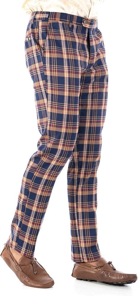 Barabas men's checkered plaid navy and orange chino pants CP72