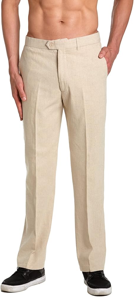 LINEN Men's Dress Pants Trousers Flat Front Slacks NATURAL TAN Color