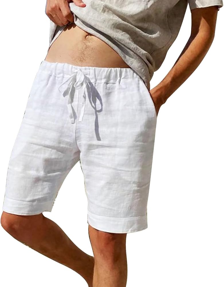 Linen Shorts for Men Loose Fitting Beach Summer Quick Dry Shorts with Pockets Elastic Waist Drawstring Short Pants