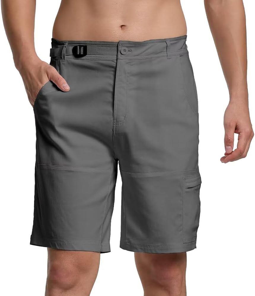 R RAMBLER 1985 mens stretch Golf shorts Flat front Slim-Fit 9" Inseam belted short casual Travel workwear(Charcoal,36)