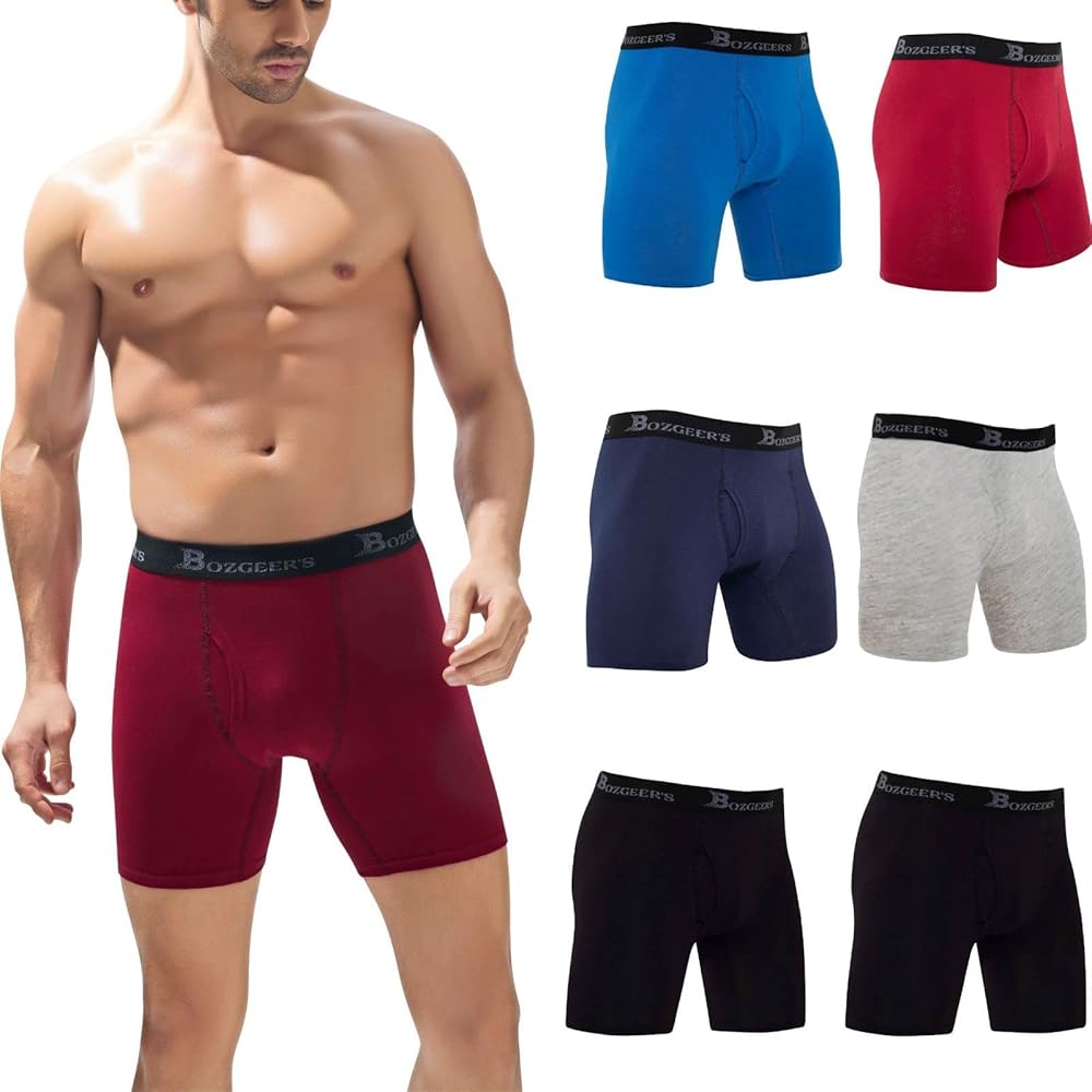 BOZGEER'S Men's Boxer Briefs Soft Cotton Open End Tagless Underwear 6-pack and Waterproof carry bag