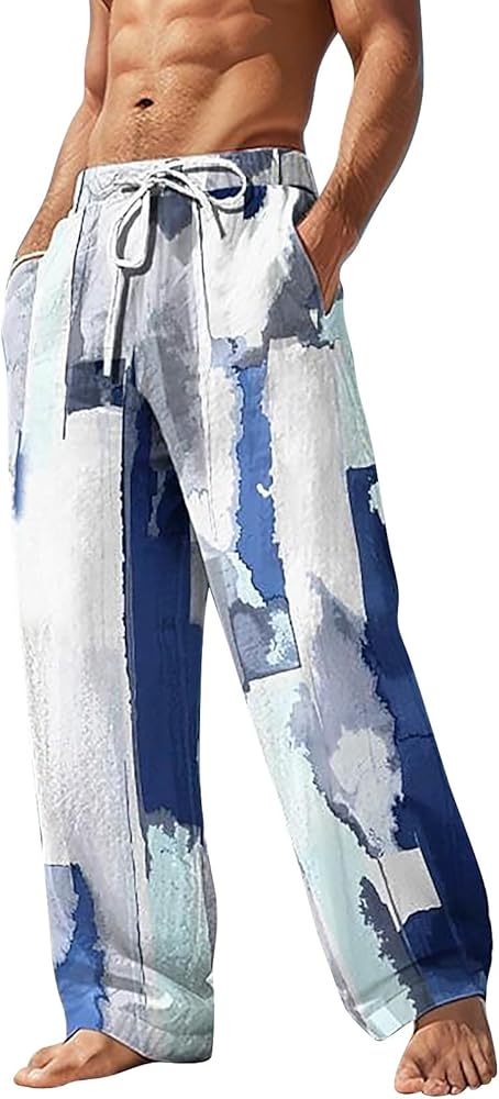 Mens Causal Pants Cotton Linen Elastic Waist Drawstring Tie Dye Print Streetwear Loose Summer Beach Vacation Pant