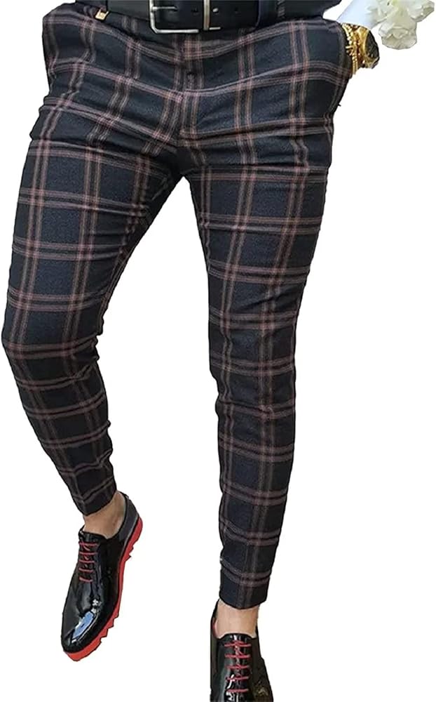 Men's Plaid Stretch Dress Pants Casual Slim Fit Striped Printed Stylish Skinny Pencil Business Long Pants Black Red 3XL