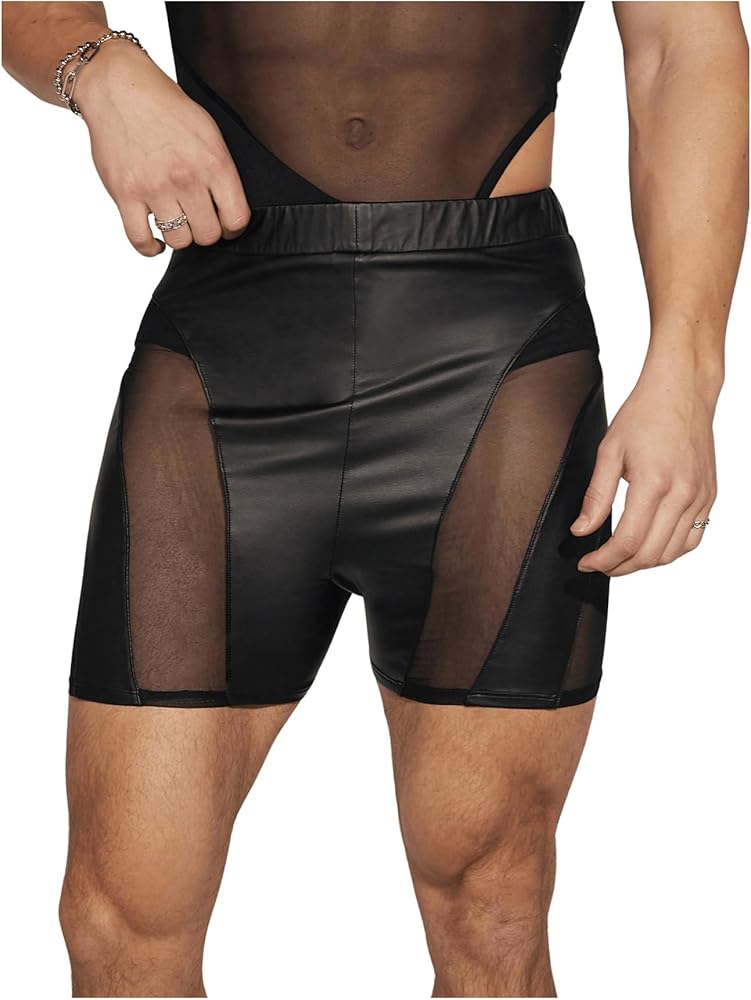 OYOANGLE Men's Pu Leather Elastic Waist Shorts Sheer Mesh Slim Fit Party Rave Shorts