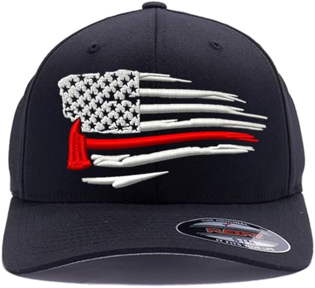 Thin Red Line Fire Department Distressed American Flag hat, Flag with Firefighter Axe Embroidered. 6477 and 6277 Flexfit Hat