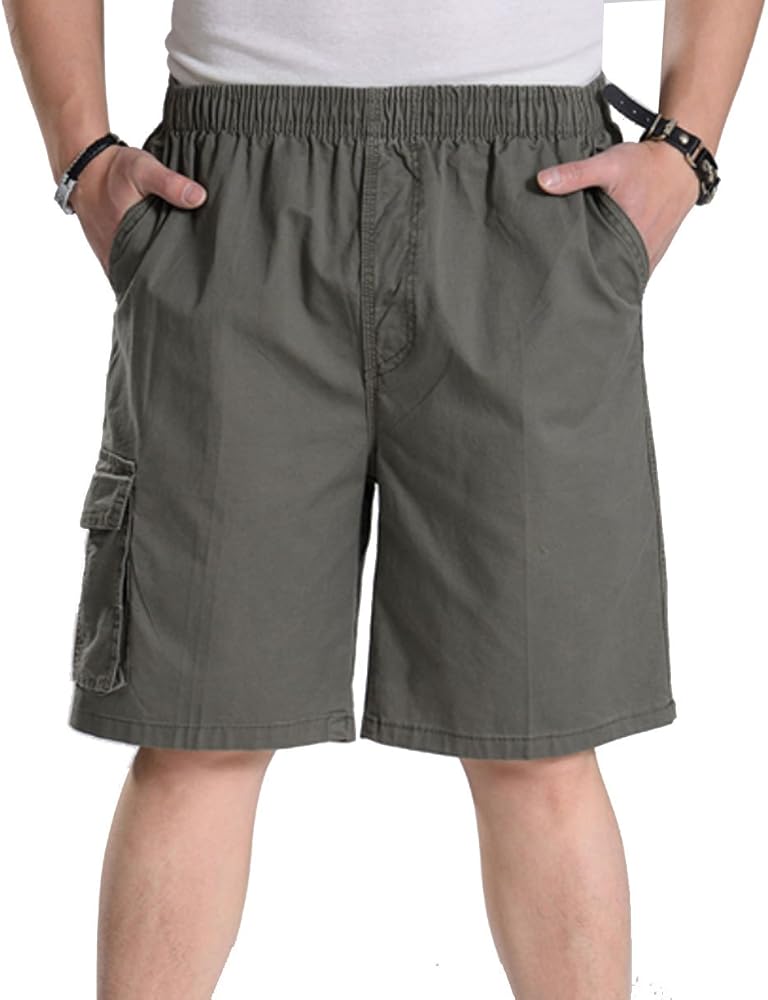 Men's Elastic Waist Cargo Shorts Lightweight Twill Drawstring Cotton Loose Fit Short