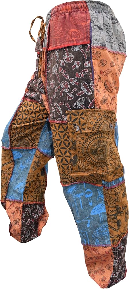 Gheri Men's Patchwork Mushroom Print Cotton Casual Loose Fit Harem Wide Leg Hippy Pants