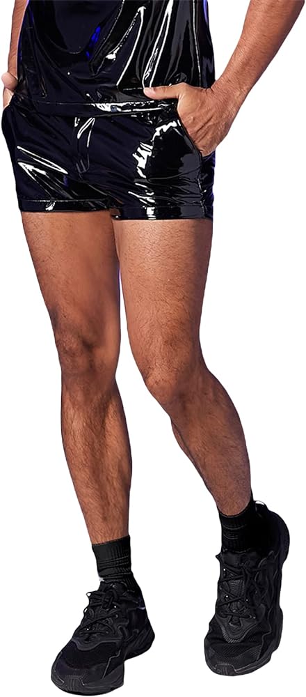 OYOANGLE Men's Zipper Pu Leather Shorts Party Pocket Shorts Clubwear