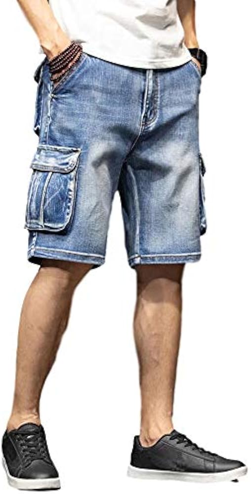 Men`s Cargo Denim Biker Jeans Shorts with Zippers