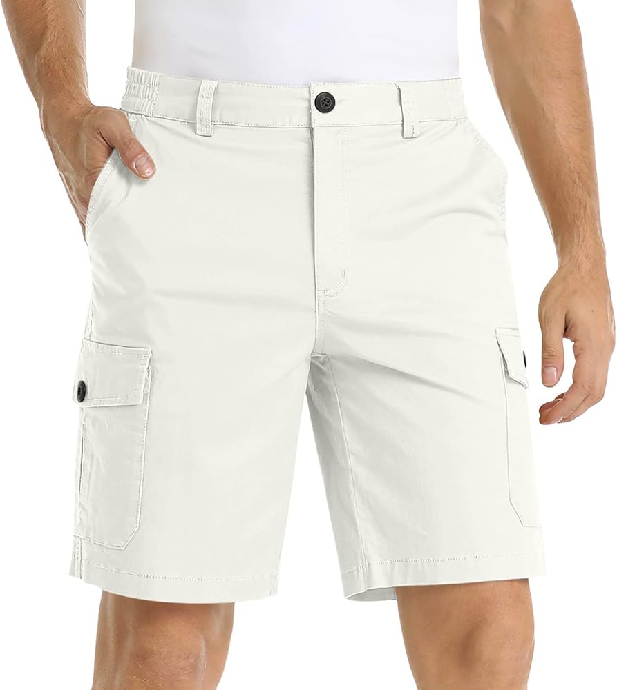 Straight Leg Cargo Shorts for Mens Smooth Fabrics Button Zipper Elastic Waist Muti-Pockets Body Buliding Work Shorts