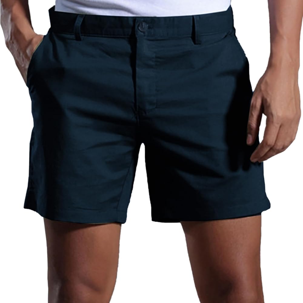 Men's Casual Cotton Linen Shorts 6"" Flat Front Classic Fit Summer Beach Short with Pockets(Navy,L), Large