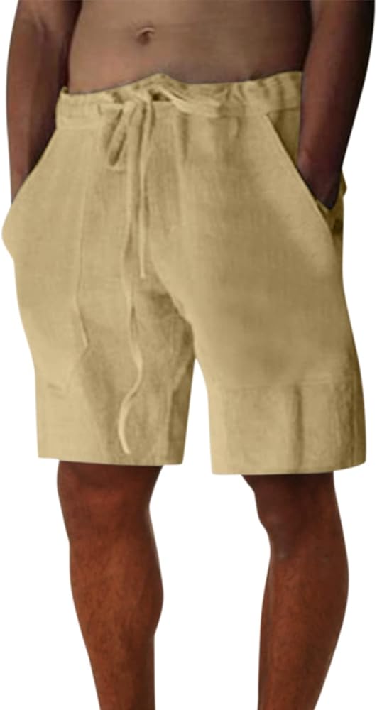 Mens Casual Shorts Relaxed Fit Drawstring Cotton Linen Shorts Men Lightweight Beach Shorts with Pockets Vacation