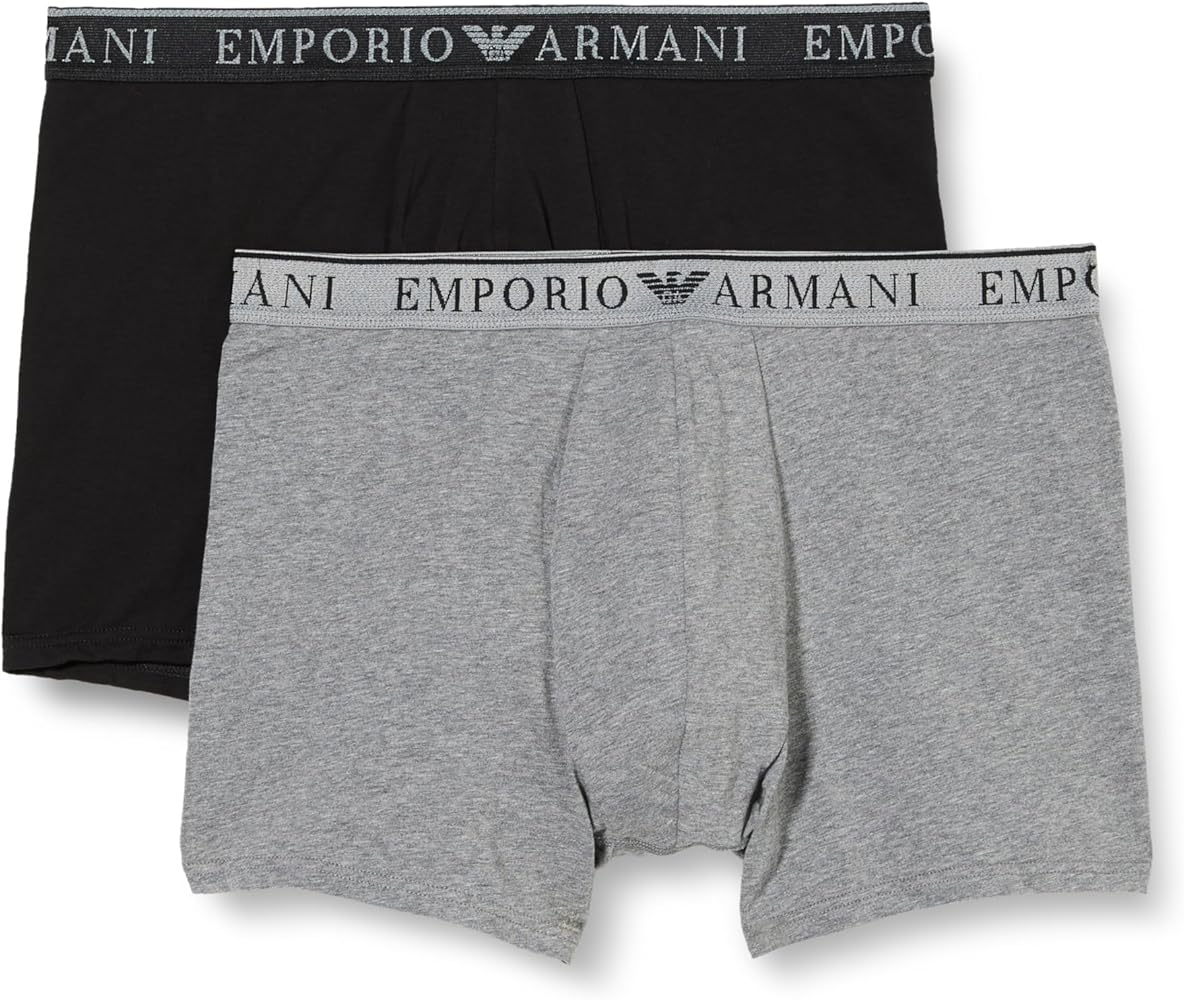 Emporio Armani Men's Stretch Cotton Endurance 2-Pack Midwaist Boxer, Black/Black