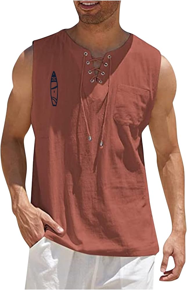 Men's Cotton Linen Tank Tops Stylish Sleeveless Lace Up with Pocket Shirt Casual Beach Summer Shirts