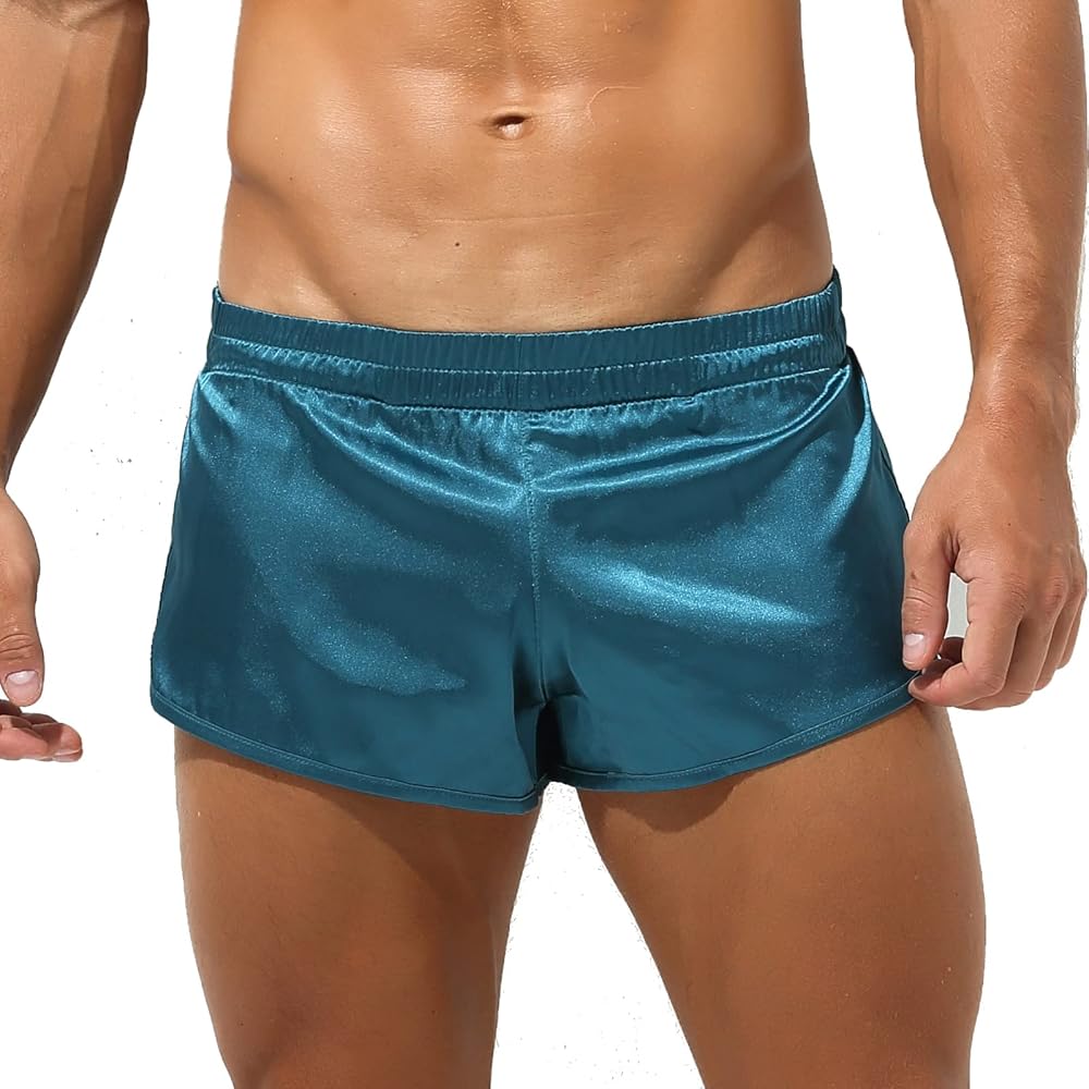 QiaTi Men's Silk Satin Boxer Shorts Men's Athletic Supporters Jockstrap Boxers Underwear Silky Side Split Lounge Shorts