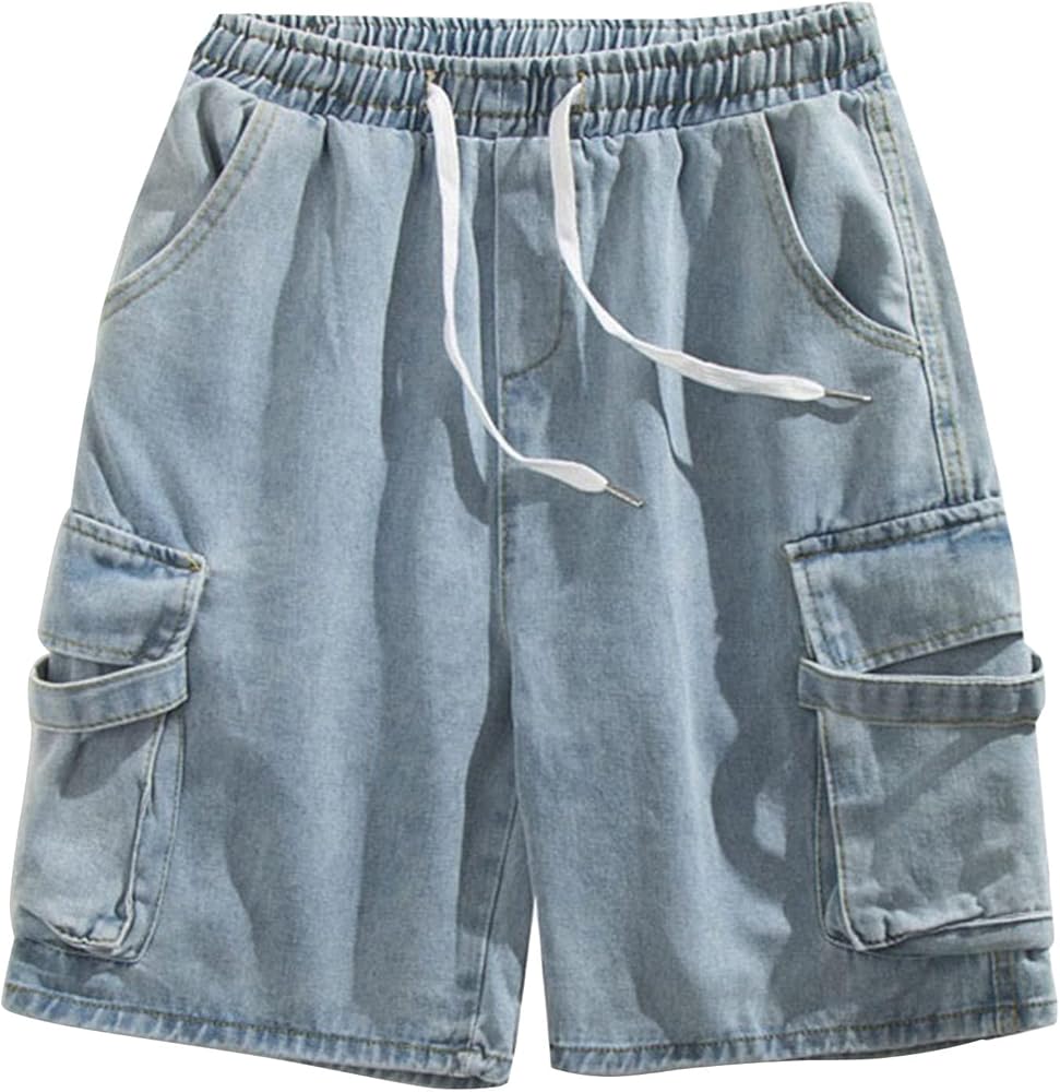 Men's Side Pockets Drawstring Denim Shorts Elastic Waist Cargo Straight Jean Shorts Wash Wide Leg Short Jeans