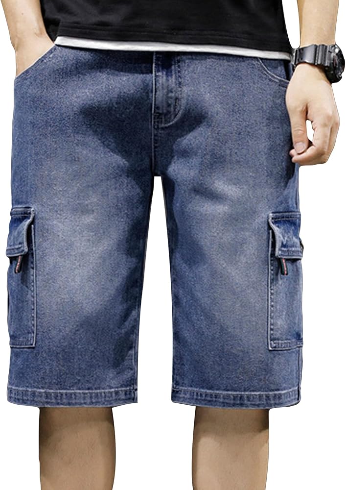 Men's Multi-Pocket Jean Half Pants Relaxed Fit Cargo Jean Shorts Male Straight Leg Denim Short