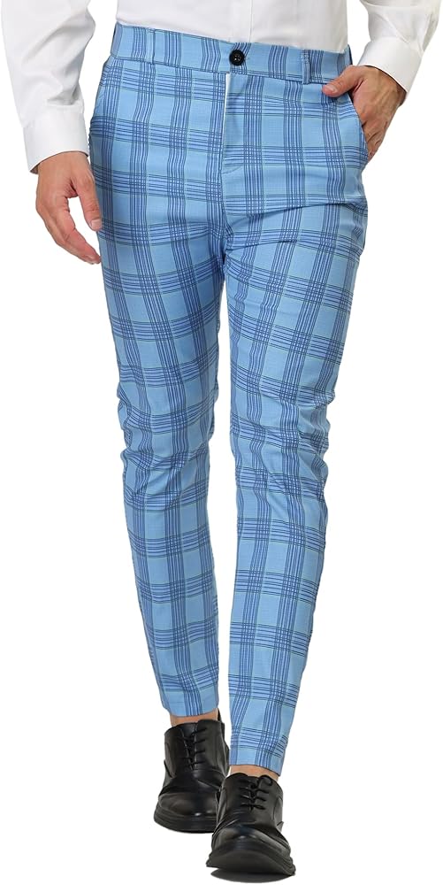 Lars Amadeus Men's Formal Trousers Color Block Slim Fit Flat Front Plaid Dress Pants