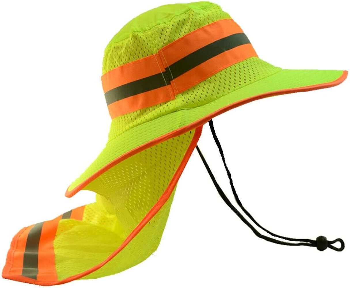 Hi Vis Reflective Safety Breathable Green/Orange Bucket Cap Neck Flap Boonie Hats