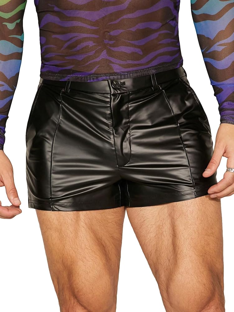 GORGLITTER Men's Pu Leather Shorts Zipper Fly Straight Leg Slant Pocket Party Shorts Black X-Large