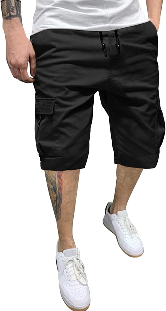 Cargo Shorts for Men Stretch Drawstring Work Shorts Outdoor Hiking Fishing Cargo Shorts Athletic Shorts Pockets