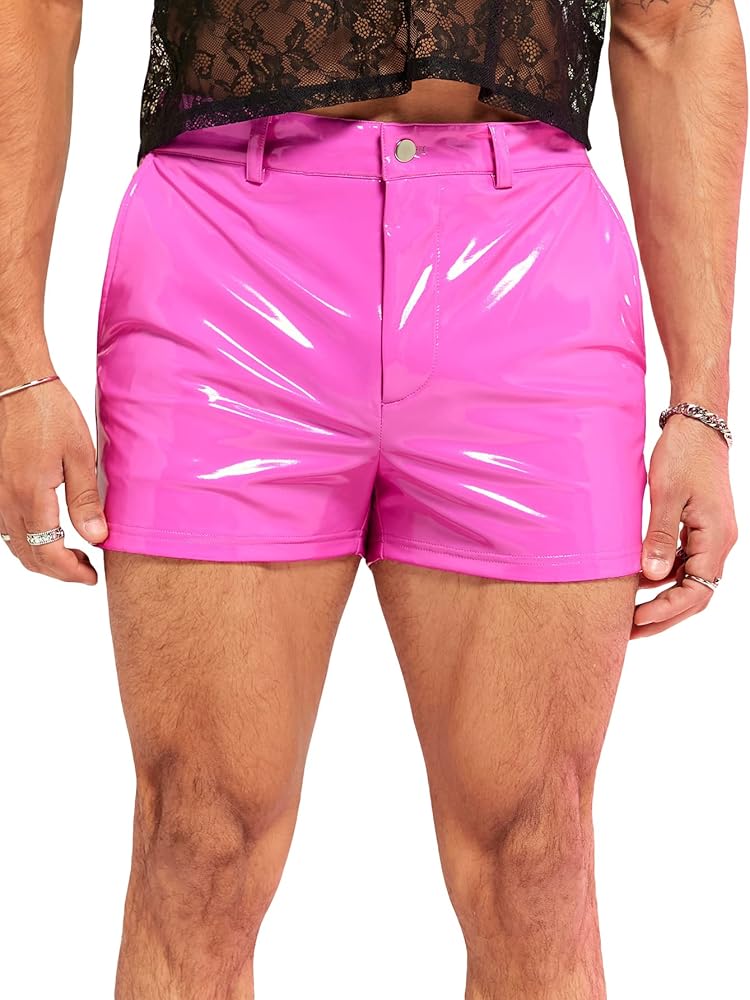 GORGLITTER Men's Metallic Leather Hot Pants Short Shiny Disco Party PU Mini Shorts