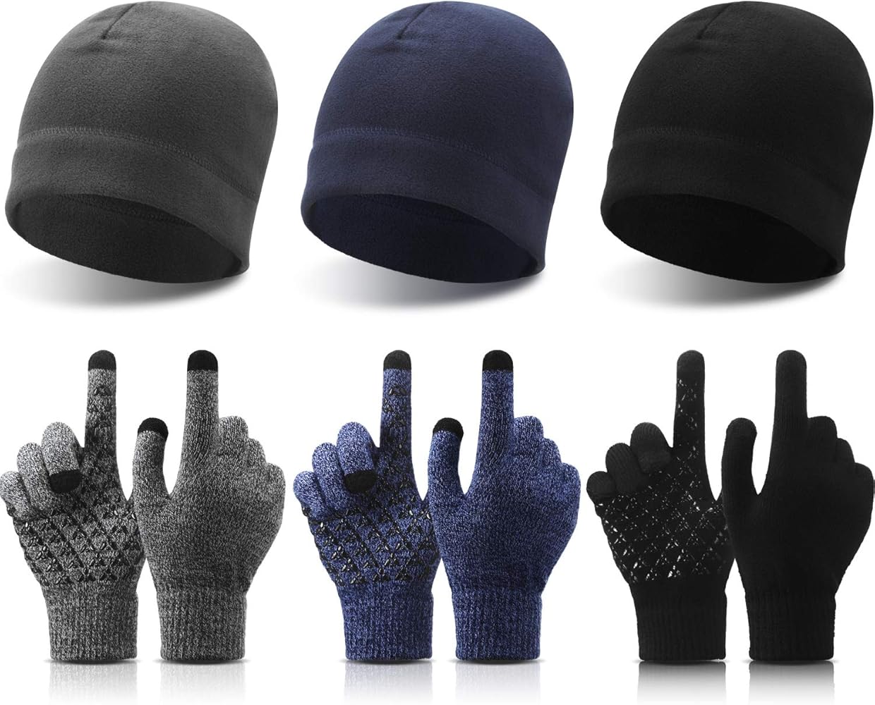 SATINIOR 6 PCS Winter Warm Beanie Hat Fleece Cap and Touchscreen Thermal Anti-Slip Gloves