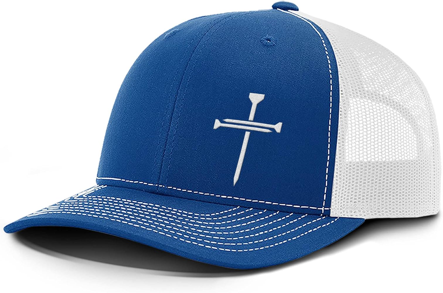 Nail Cross Christian Trucker Hat - Adjustable Fit Cotton Snapback Hat - Breathable Mesh Side for Casual Wear (Royal Blue/White Mesh)