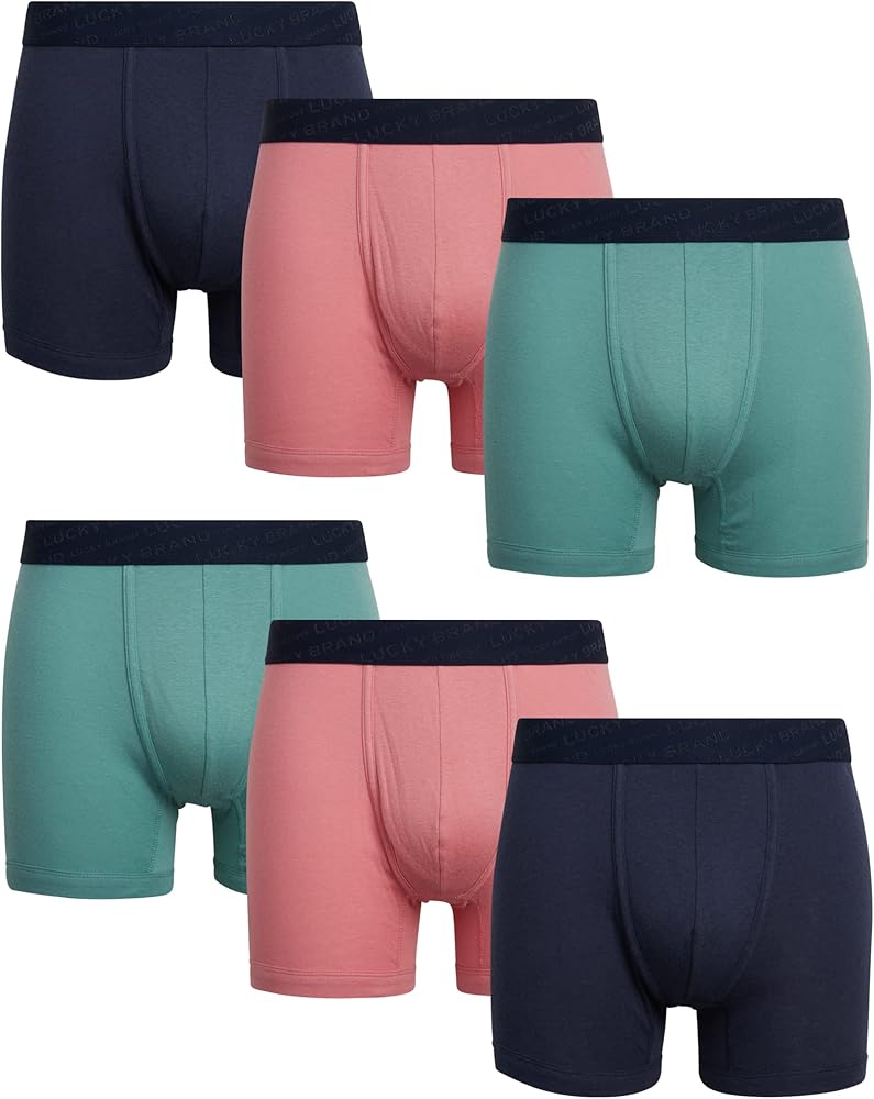 Lucky Brand Men's Boxer Briefs – 6 Pack Super Soft Mens Underwear with Comfort Pouch - Breathable Boxers for Men Pack (S-XL), Size Medium, Navy/Teal/Coral