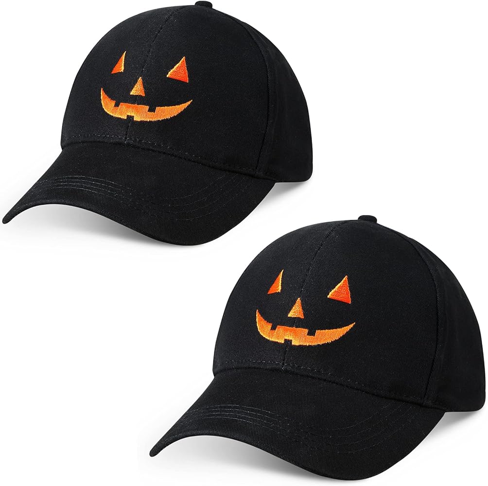 2 Pieces Halloween Baseball Hat Halloween Pumpkin Face Baseball Hat Adjustable Embroidery Baseball Cap Unisex