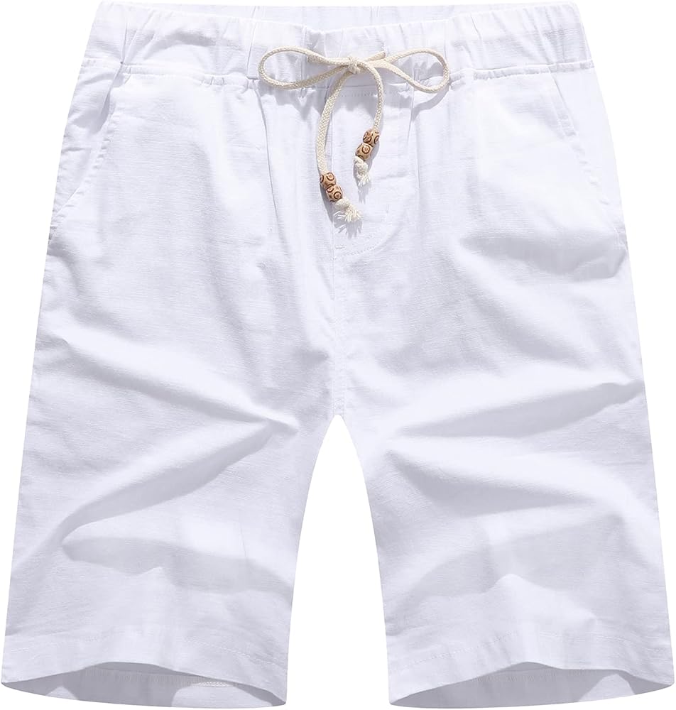 Yuanyi Men's Linen Casual Classic Fit Short Summer Beach Shorts with Elastic Waist and Pockets White 3XL