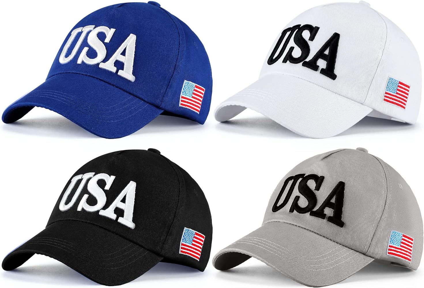 4 Pieces USA Hat Cotton Patriotic Baseball hat American Flag Hat Adjustable Embroidered Dad Hat for Men Women Teens, 4 Colors