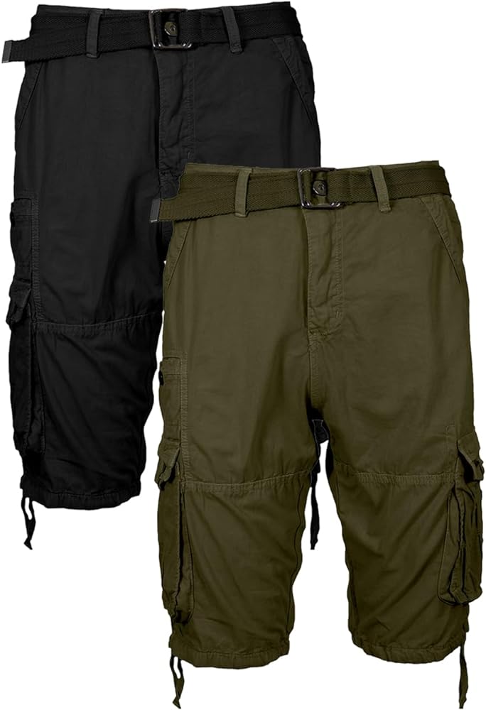 2 Pack Men's Distressed Cotton Cargo Belted Shorts (Size 30-42)