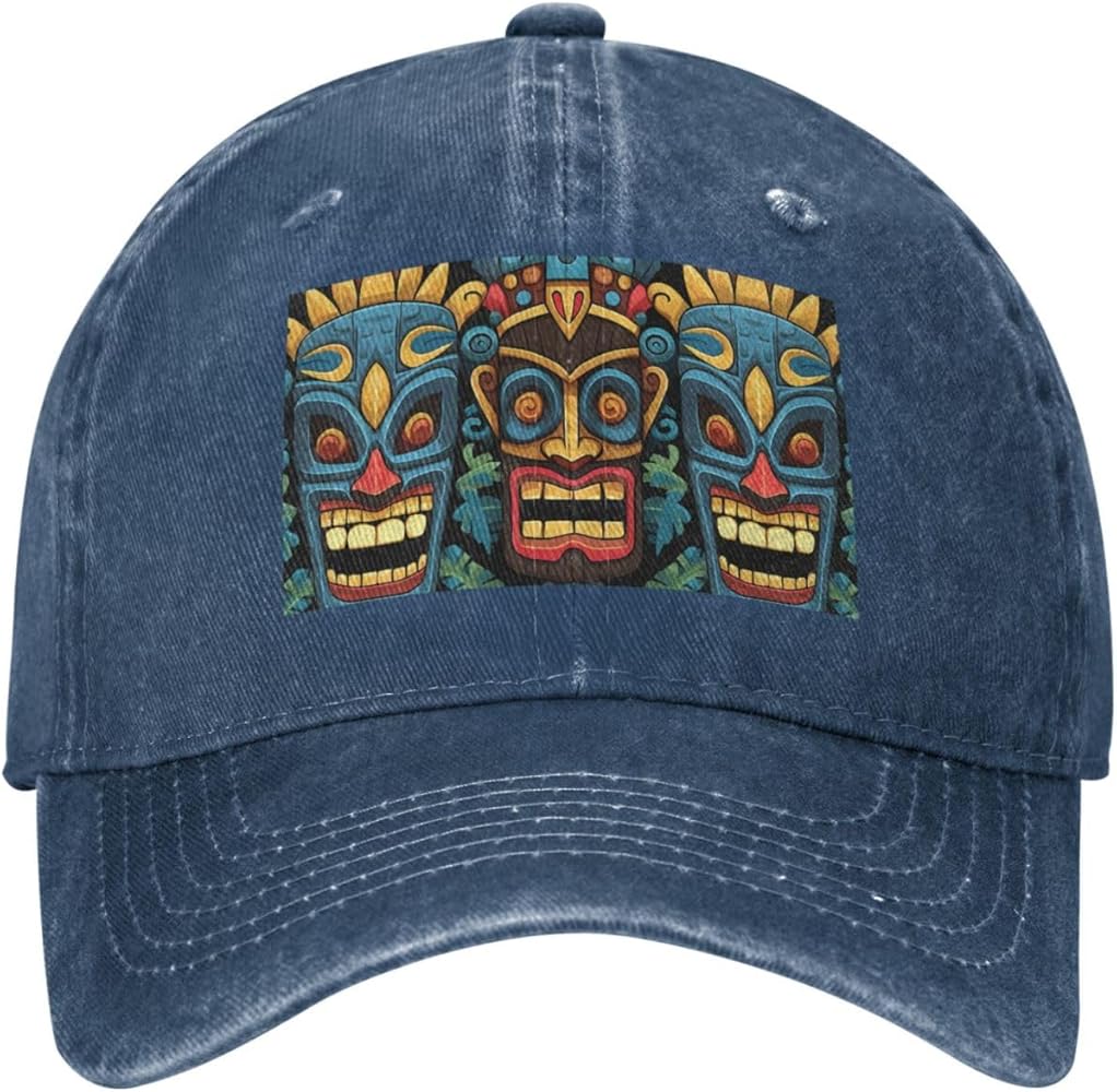 Colorful Tiki Mask Pattern Baseball Cap for Men Women Washed Cotton Denim Dad Hat Adjustable Baseball Hat