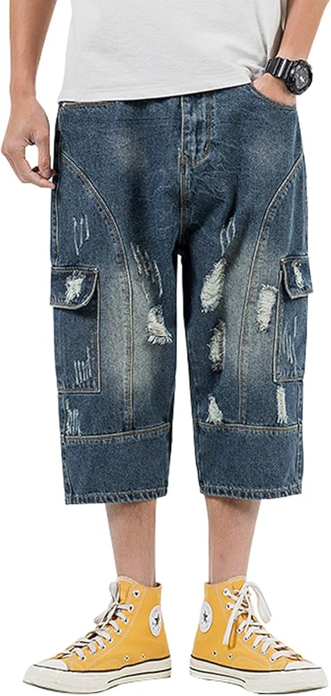 chouyatou Men's Loose-Fit Ripped Hole Harem Capri Jeans Baggy Denim Cargo Shorts