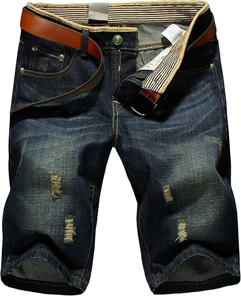 Denim Shorts for Men Stretch Slim Fit with Hole Short-Pants Men's Zipper Distressed Jean Short