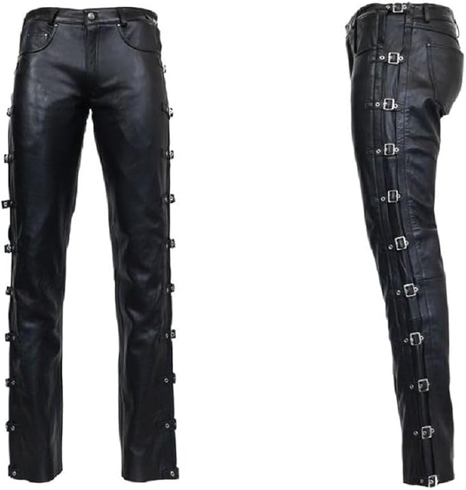 Genuine Leather Pants for Men Black Bikers Pants 100% Real Lambskin Leather with Side Buckles