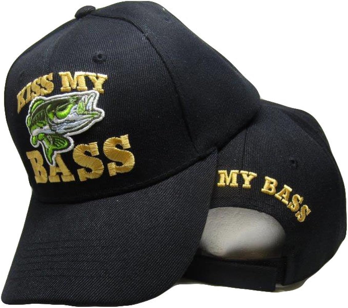 AES Kiss My Bass Fisihing Fish Redneck Black Embroidered Baseball Ball Cap Hat