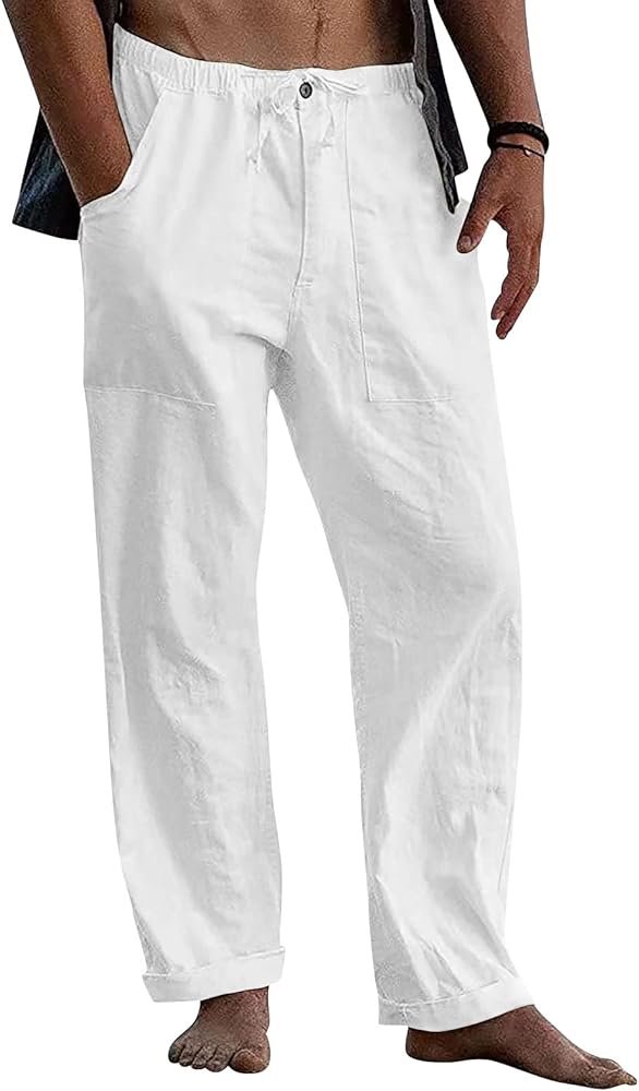 WENKOMG1 Men's Cotton Linen Pants Loose Beach Trousers Summer Casual Yoga Jogger Elastic Waist Drawstring Slacks with Pockets Solid Color Tracksuit Button Sweatpants Lightweight(A-White,Medium)