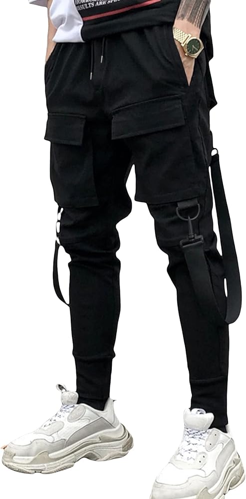 OYOANGLE Men's Flap Pocket Buckle Drawstring Elastic Waist Streetwear Cargo Pants