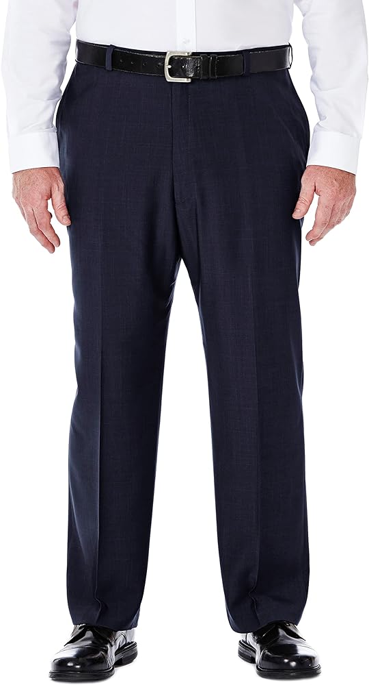 Haggar Men's Big & Tall Expandable Waistband eCLo Stria Plain-Front Dress Pant, Blue, 60Wx32L