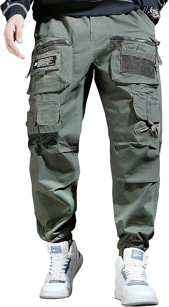 MOKEWEN Men's Velcro Ankle Banded Jogger Cargo Pants with Chain Red 28-29